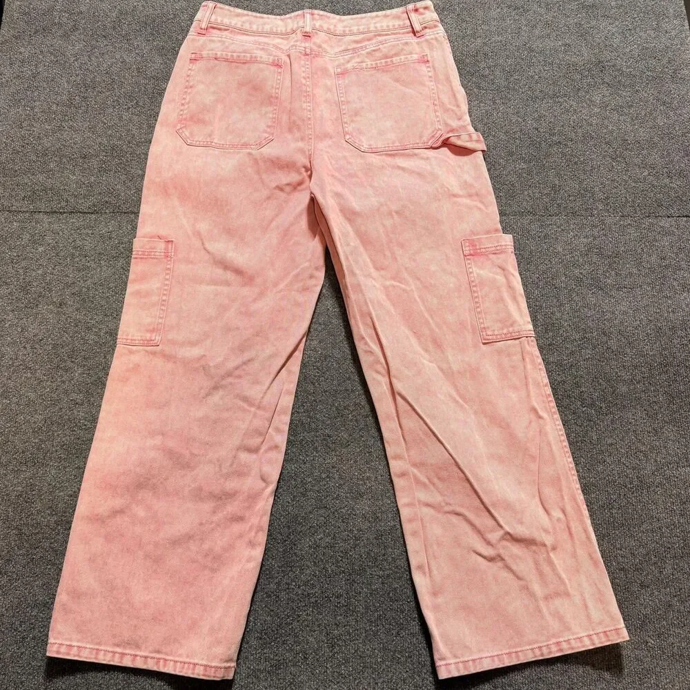 Full Tilt Jeans Women's 32 Pink Light Wash High Rise Straight Cargo Relaxed Fit